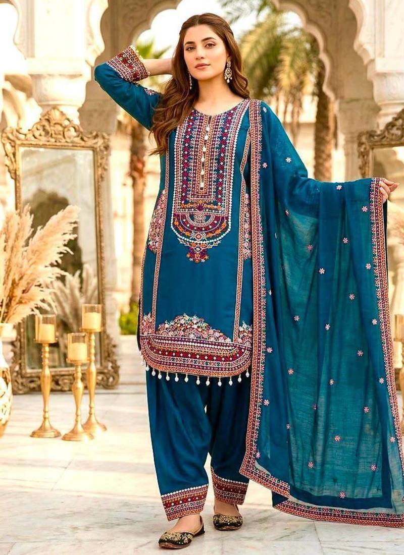 Sky blue heavy mal chanderi party wear embroidery suit set