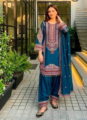 Sky blue heavy mal chanderi party wear embroidery suit set 2