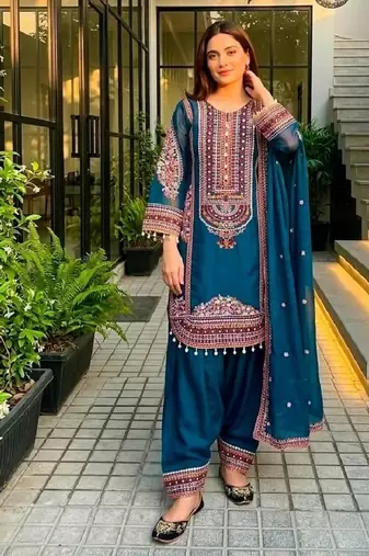 Sky blue heavy mal chanderi party wear embroidery suit set
