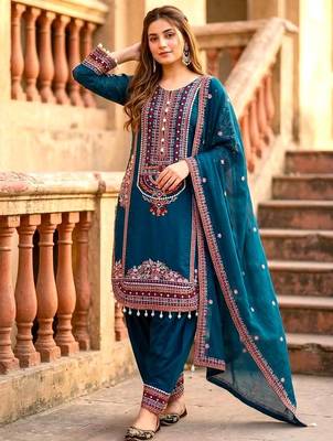 Sky blue heavy mal chanderi party wear embroidery suit set 3