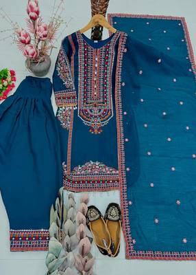 Sky blue heavy mal chanderi party wear embroidery suit set 4