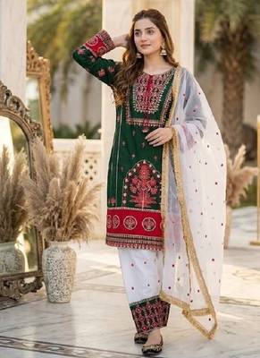 Green heavy natural silk party wear embroidery suit set 2