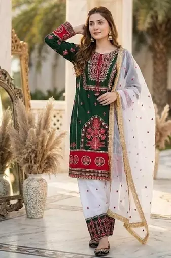 Green heavy natural silk party wear embroidery suit set