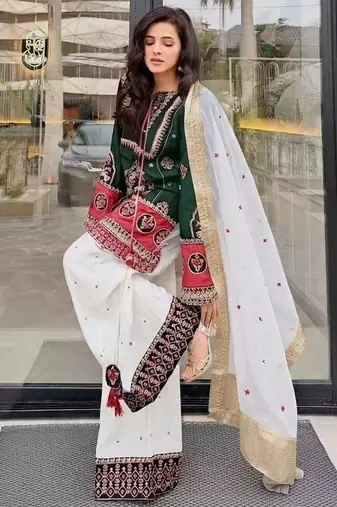 Green heavy natural silk party wear embroidery suit set