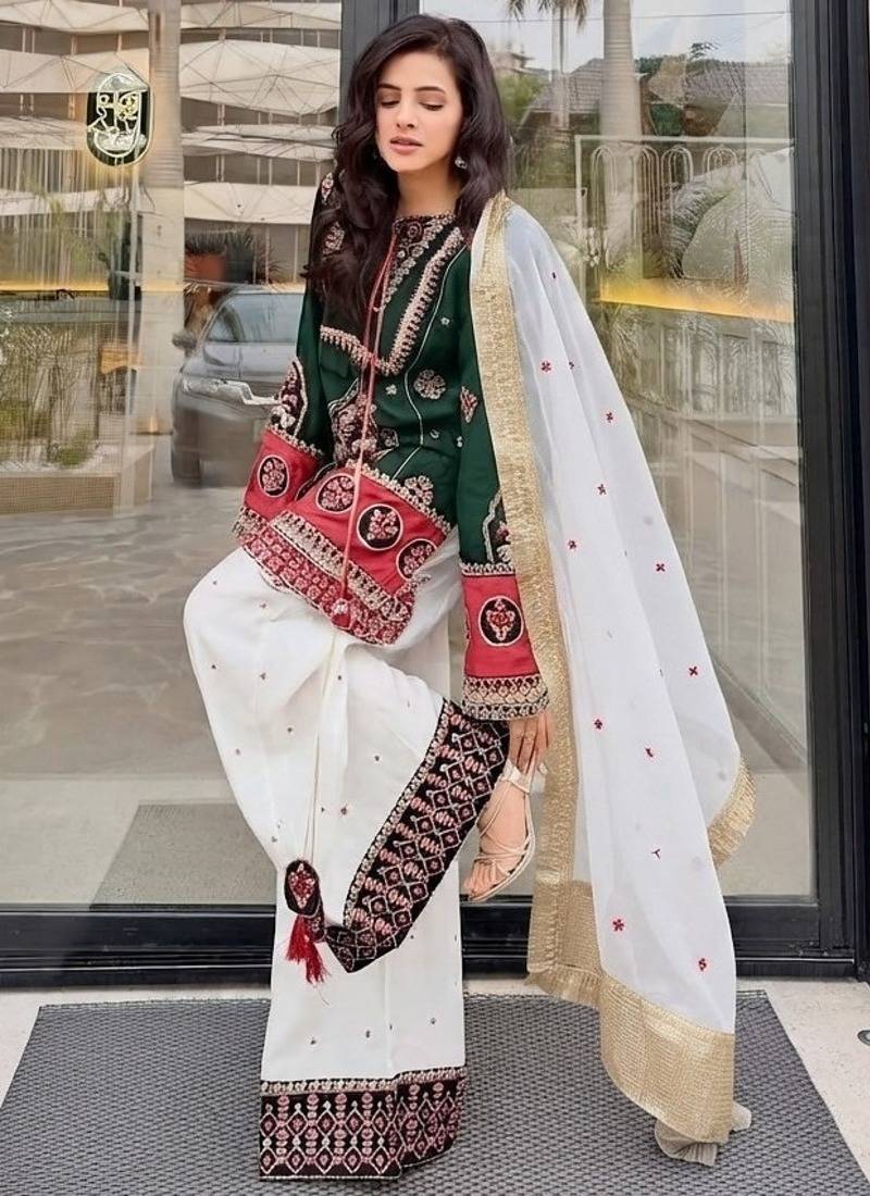 Green heavy natural silk party wear embroidery suit set