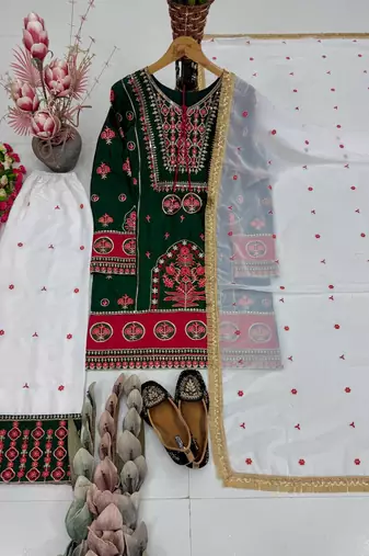 Green heavy natural silk party wear embroidery suit set
