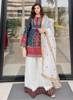 Sky blue heavy natural silk party wear embroidery suit set 1