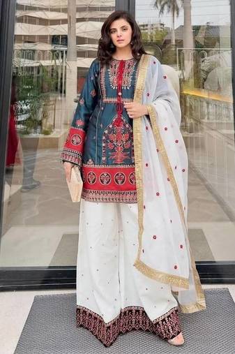 Sky blue heavy natural silk party wear embroidery suit set