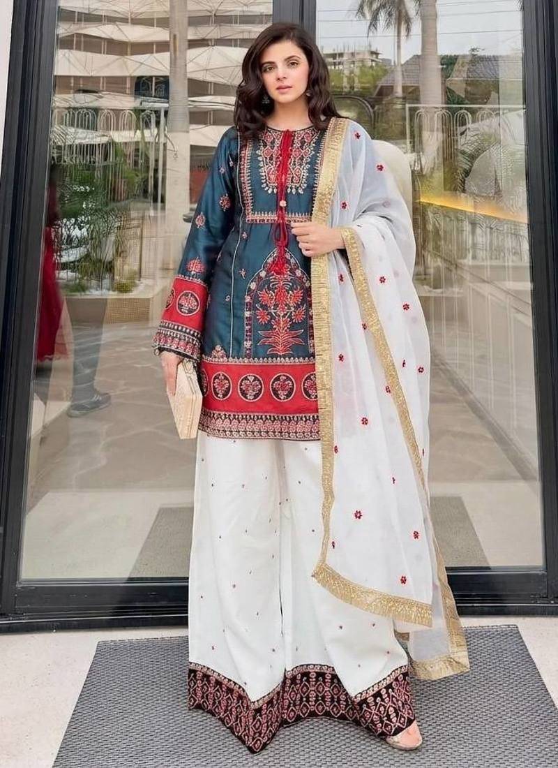 Sky blue heavy natural silk party wear embroidery suit set