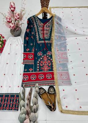 Sky blue heavy natural silk party wear embroidery suit set 4