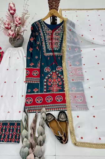 Sky blue heavy natural silk party wear embroidery suit set