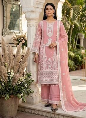 Peach heavy faux georgette party wear embroidery suit set 1