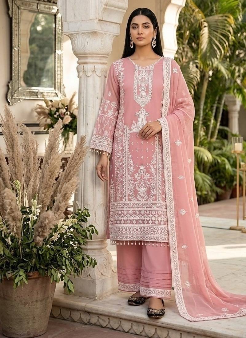 Peach heavy faux georgette party wear embroidery suit set