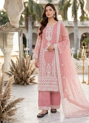 Peach heavy faux georgette party wear embroidery suit set 2