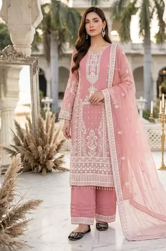 Peach heavy faux georgette party wear embroidery suit set