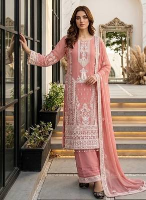 Peach heavy faux georgette party wear embroidery suit set 3