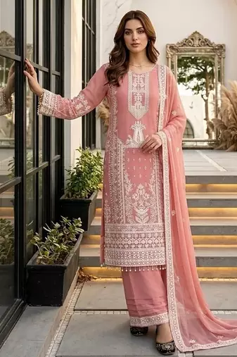 Peach heavy faux georgette party wear embroidery suit set