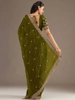 Delightful olive green tissue silk zari and sequins embroidered indian latest design party wear saree 5