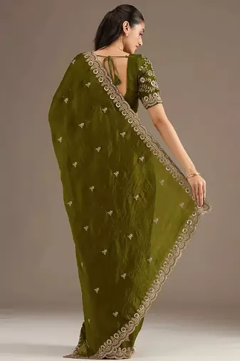 Delightful olive green tissue silk zari and sequins embroidered indian latest design party wear saree