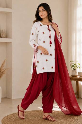 Red pure cameric cotton party wear embroidery suit set