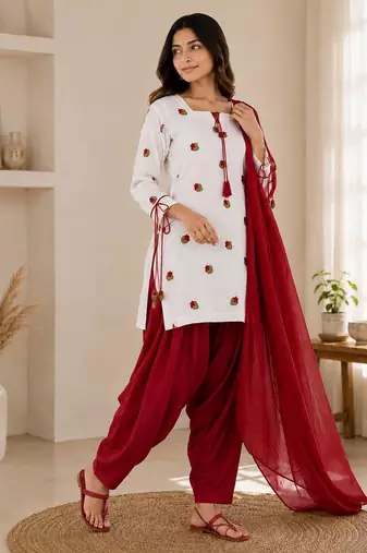 Red pure cameric cotton party wear embroidery suit set
