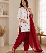 Red pure cameric cotton party wear embroidery suit set