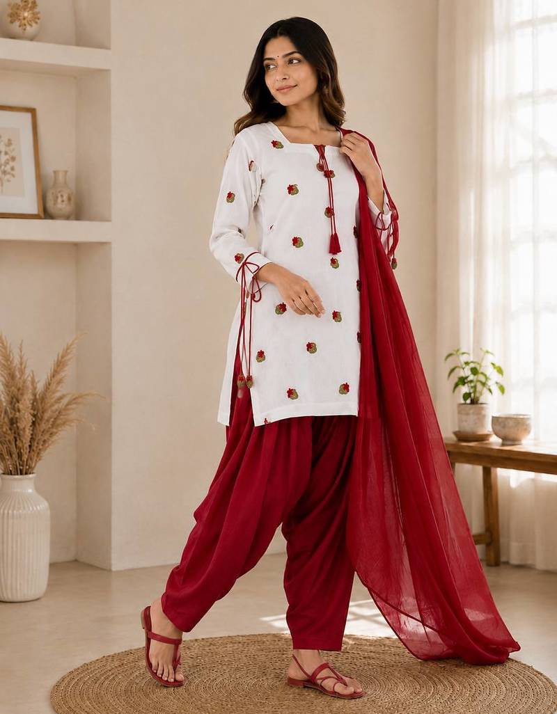 Red pure cameric cotton party wear embroidery suit set