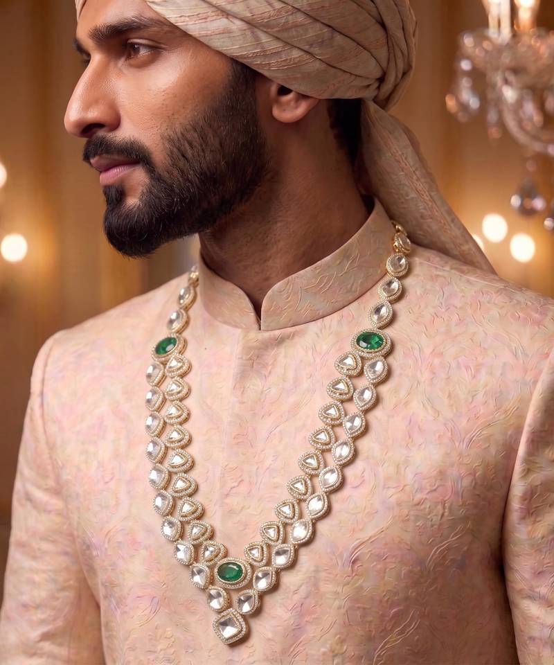 Green kundan necklace for men – traditional wedding jewellery
