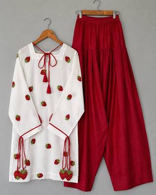 Red pure cameric cotton party wear embroidery suit set 2