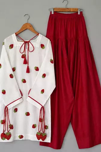 Red pure cameric cotton party wear embroidery suit set