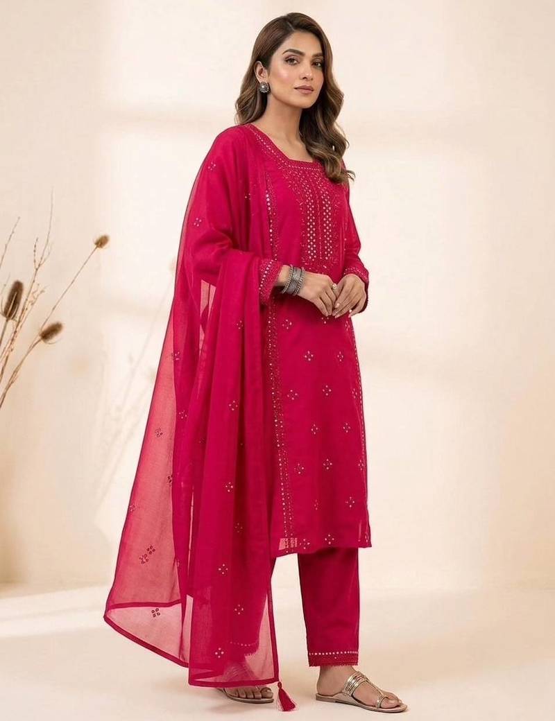 rani pink color embroidered and sequence wrok silk blend salwar suit