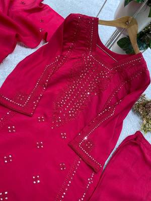 rani pink color embroidered and sequence wrok silk blend salwar suit 2