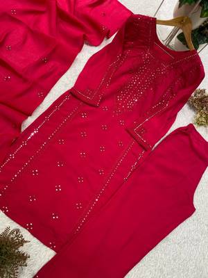 rani pink color embroidered and sequence wrok silk blend salwar suit 3