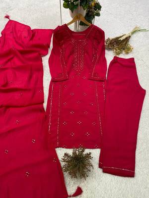 rani pink color embroidered and sequence wrok silk blend salwar suit 4