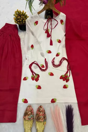 Red pure cameric cotton party wear embroidery suit set