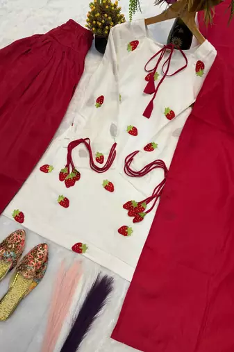 Red pure cameric cotton party wear embroidery suit set