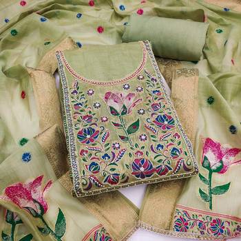 women's light green unstitched banarasi cotton dress material with woven dupatta 1