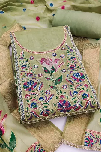 women's light green unstitched banarasi cotton dress material with woven dupatta
