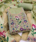 women's light green unstitched banarasi cotton dress material with woven dupatta