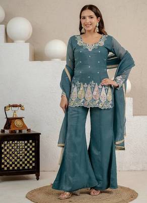 Sky green heavy crunchy silk party wear embroidery suit set 2