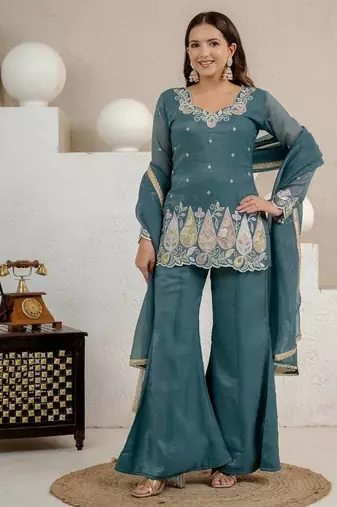 Sky green heavy crunchy silk party wear embroidery suit set