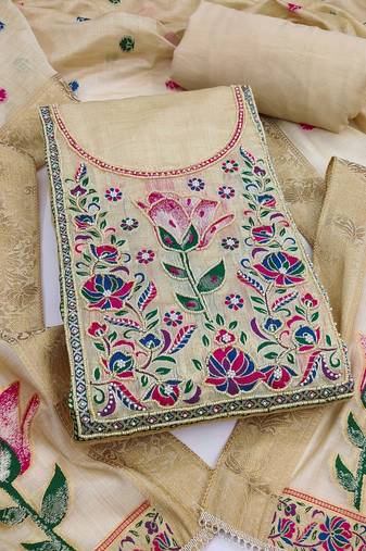 women's beige unstitched pure banarasi cotton dress material with woven dupatta