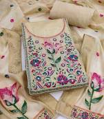 women's beige unstitched pure banarasi cotton dress material with woven dupatta