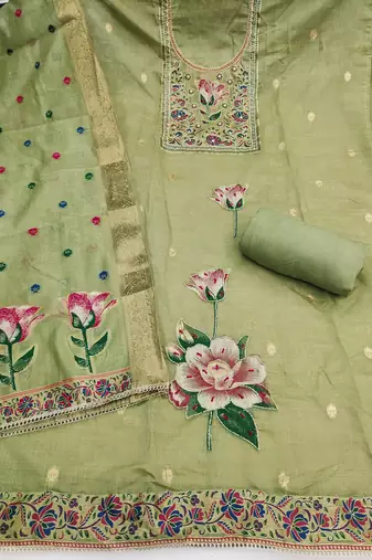 women's light green unstitched banarasi cotton dress material with woven dupatta