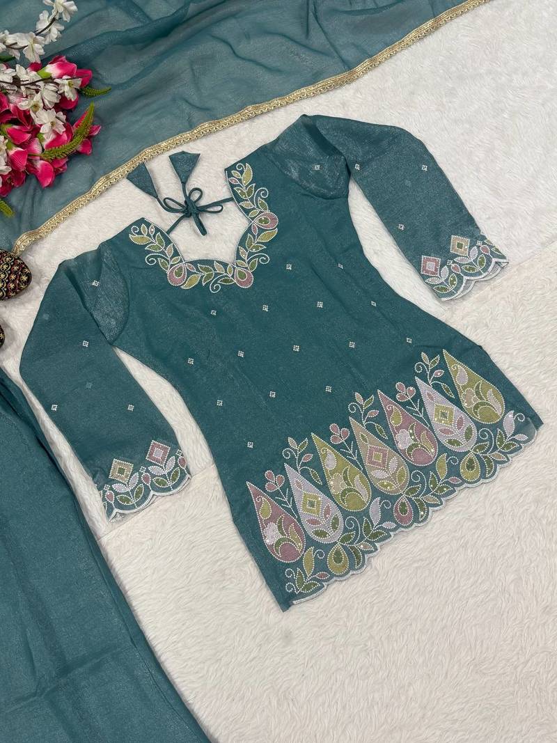 Sky green heavy crunchy silk party wear embroidery suit set