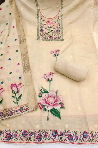 women's beige unstitched pure banarasi cotton dress material with woven dupatta