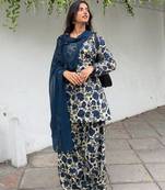 Blue pure cameric cotton party wear embroidery suit set