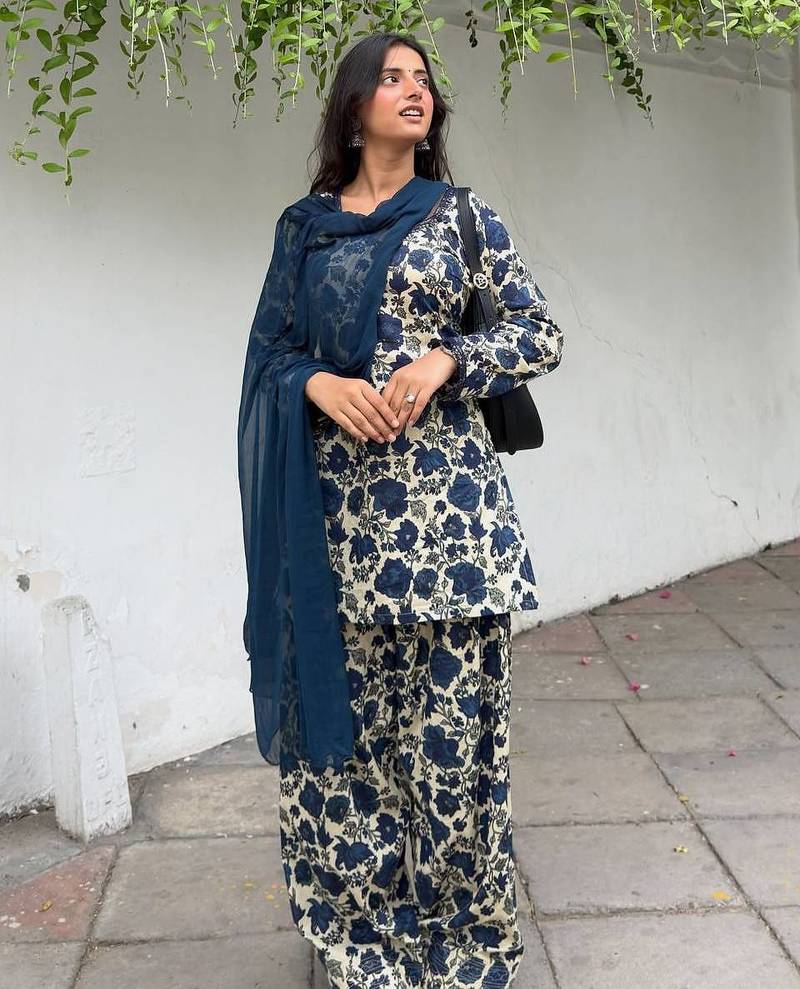 Blue pure cameric cotton party wear embroidery suit set