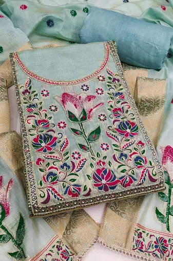 women's sea green unstitched pure banarasi cotton dress material & woven dupatta