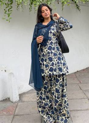 Blue pure cameric cotton party wear embroidery suit set 2